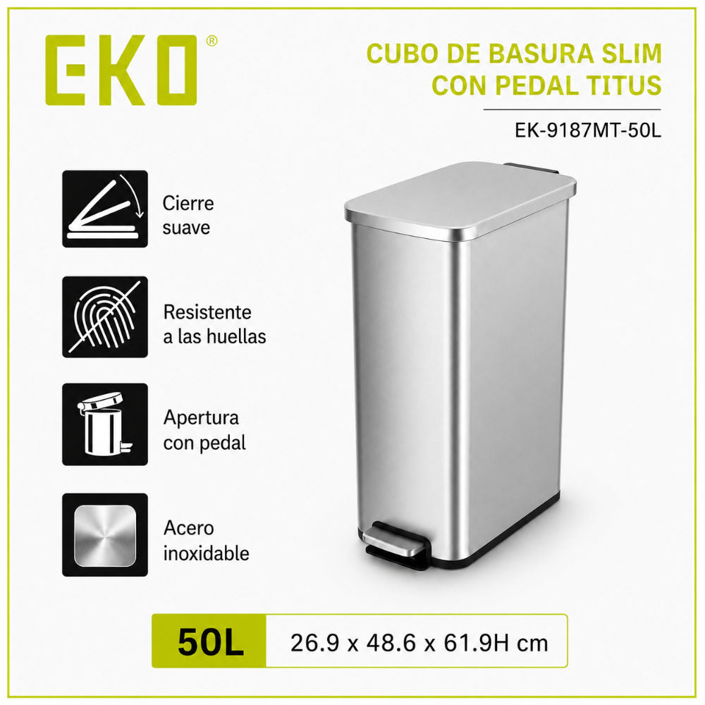 EKO - Titus Slim - Bote Pedal 50 L Acero Inoxidable Mate