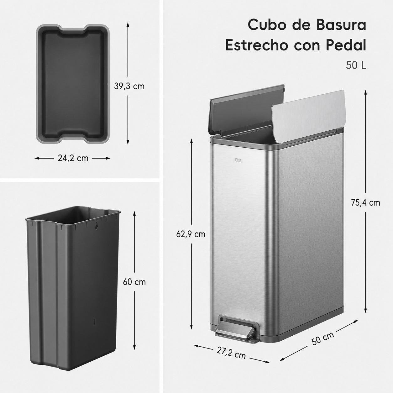 EKO - X-Wing - Cubo Pedal 50 L Acero Inoxidable Cocina