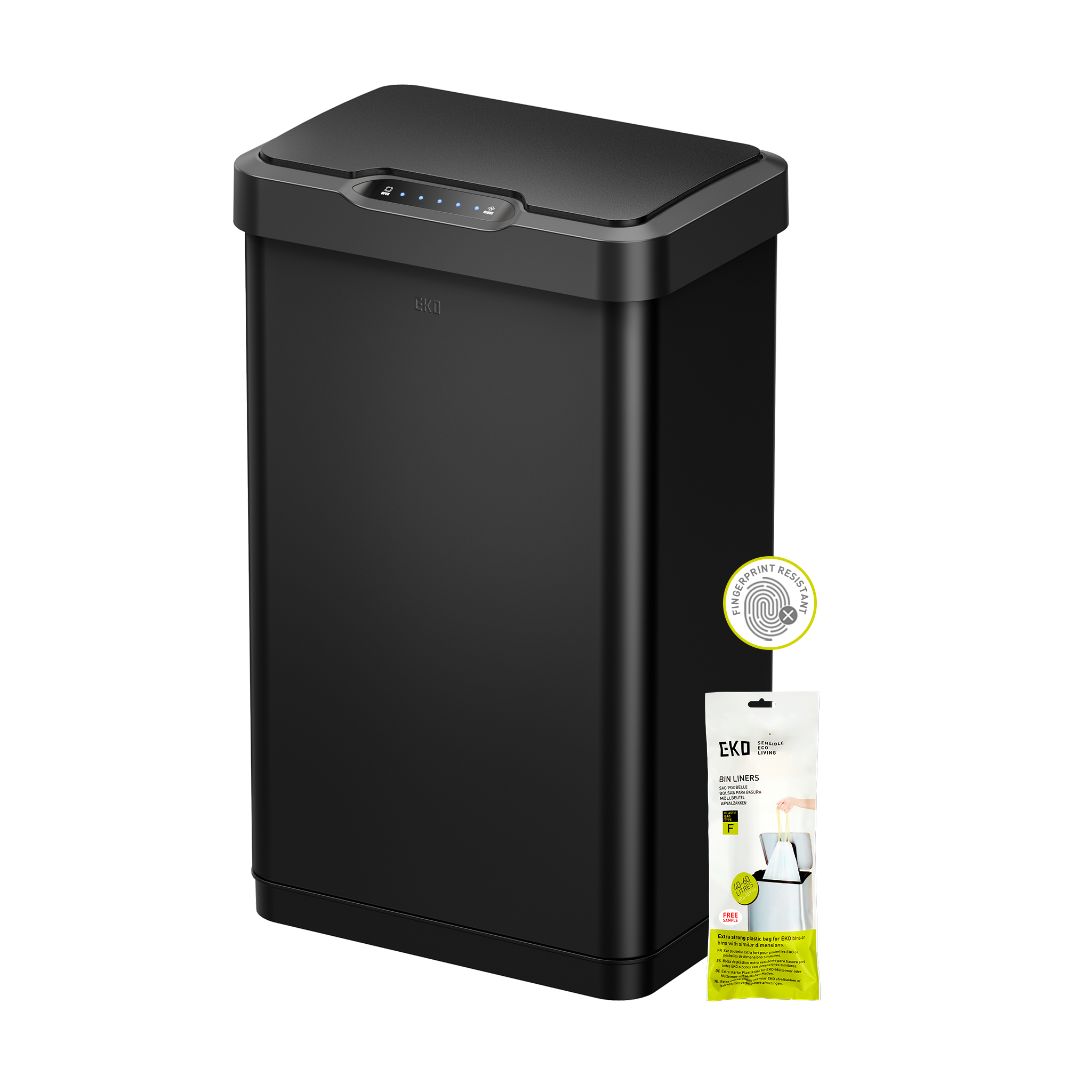 Combo Caja con 60 Bolsas + Bote de basura Sensor 50L Negro EKO Mirage