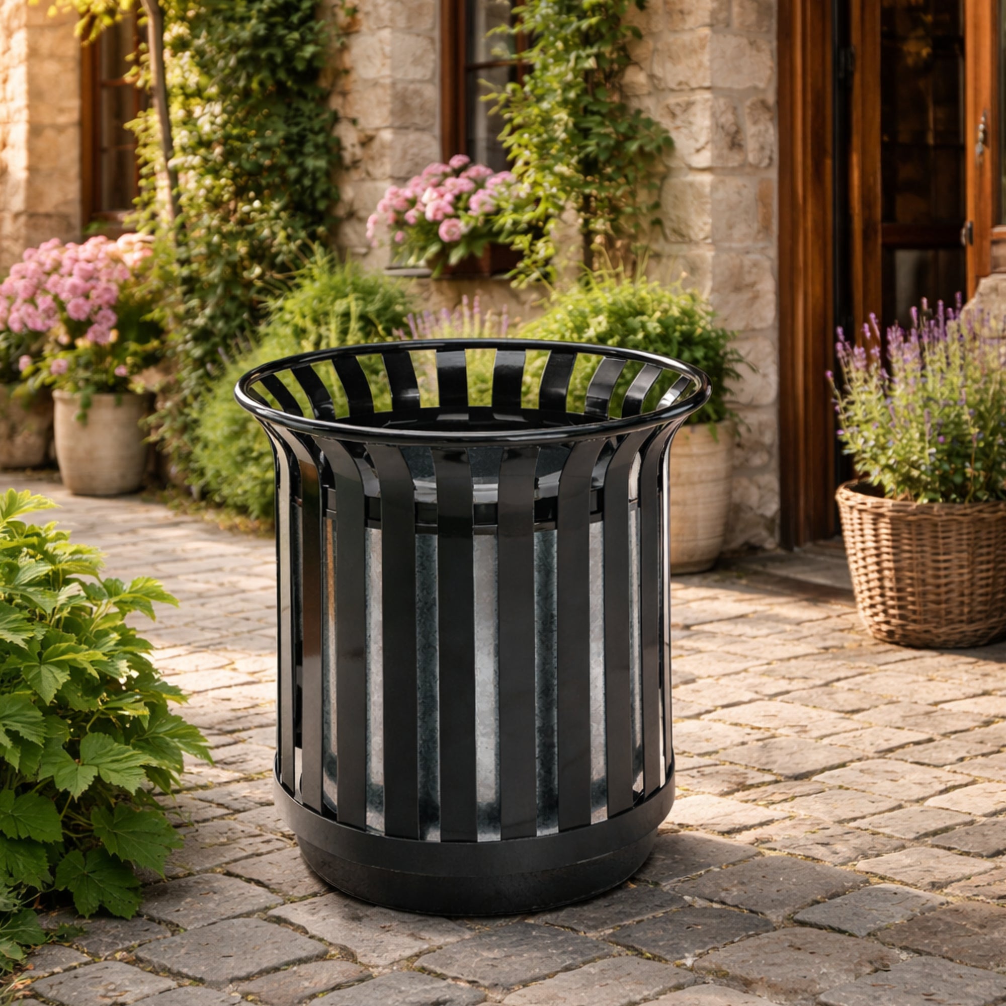 Bote de Basura para Exterior 65 L Redondo Negro en Acero Galvanizado
