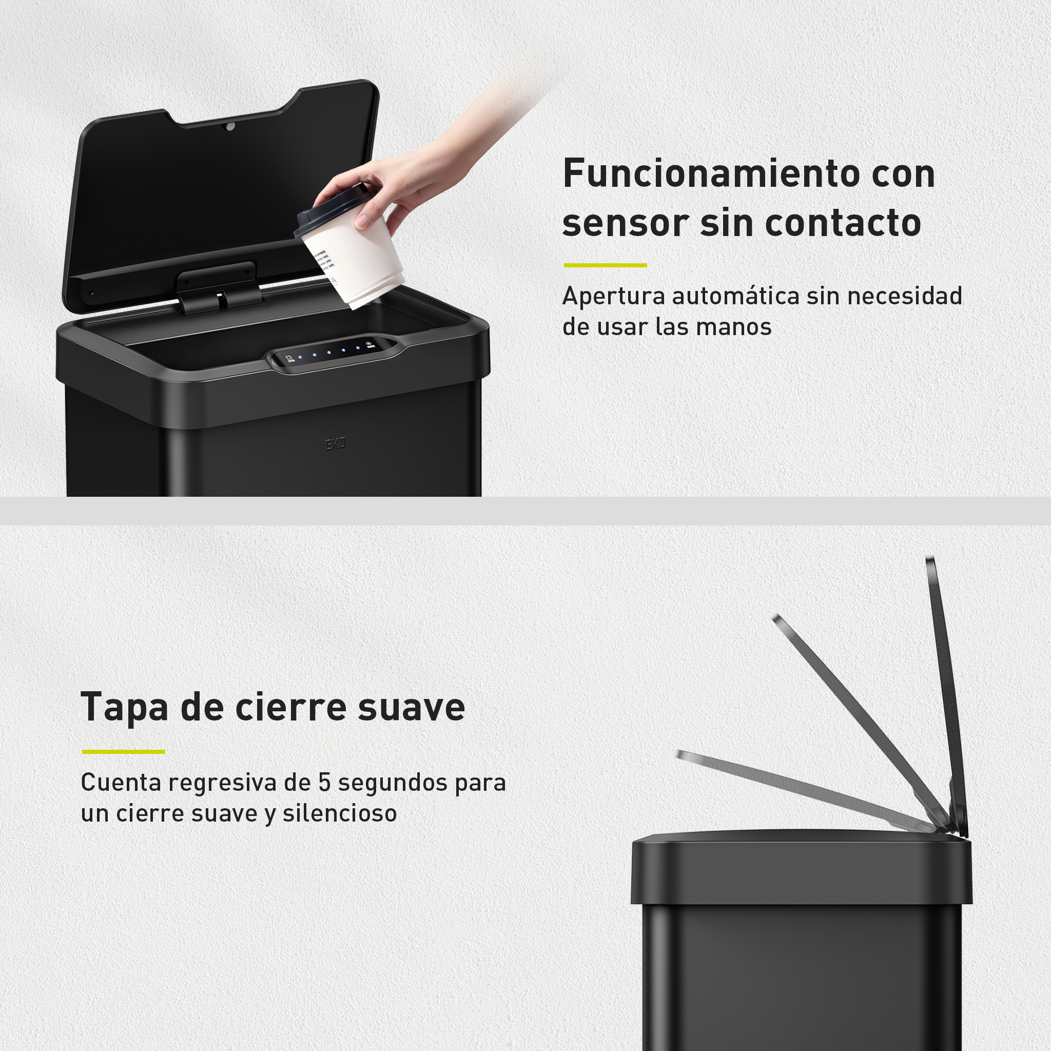 Combo Caja con 60 Bolsas + Bote de basura Sensor 50L Negro EKO Mirage