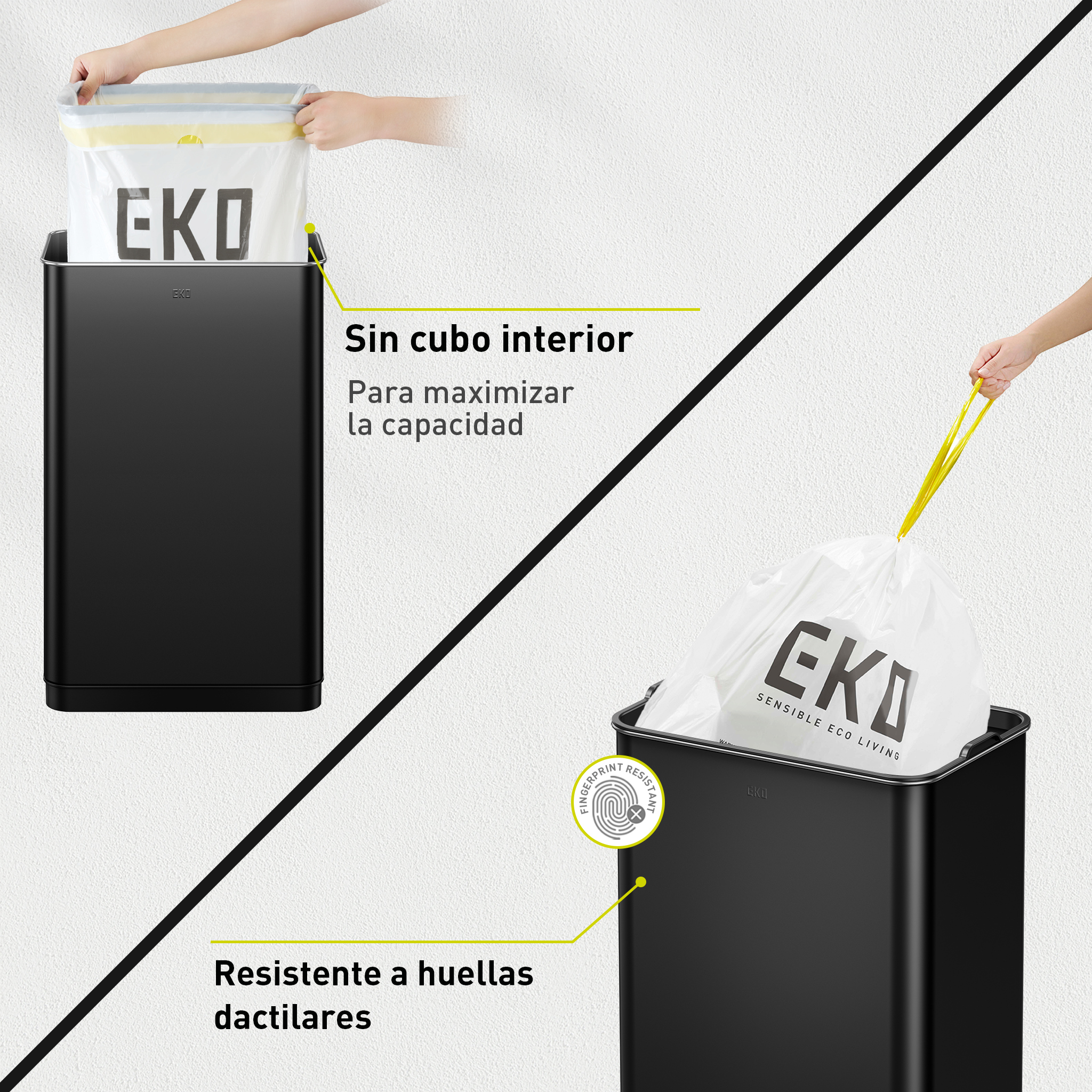 Combo Caja con 60 Bolsas + Bote de basura Sensor 50L Negro EKO Mirage