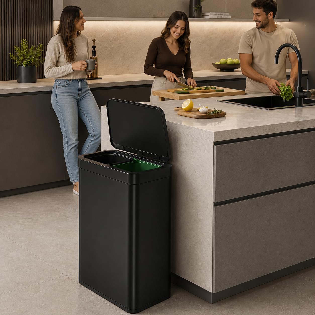 EKO Bote de Basura Nova Mirage 30L+30L Negro. sensor de movimiento. Acero Inoxidable Cepillado. Cierre silencioso.
