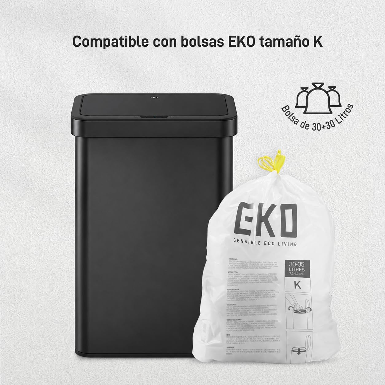 EKO Bote de Basura Nova Mirage 30L+30L Negro. sensor de movimiento. Acero Inoxidable Cepillado. Cierre silencioso.