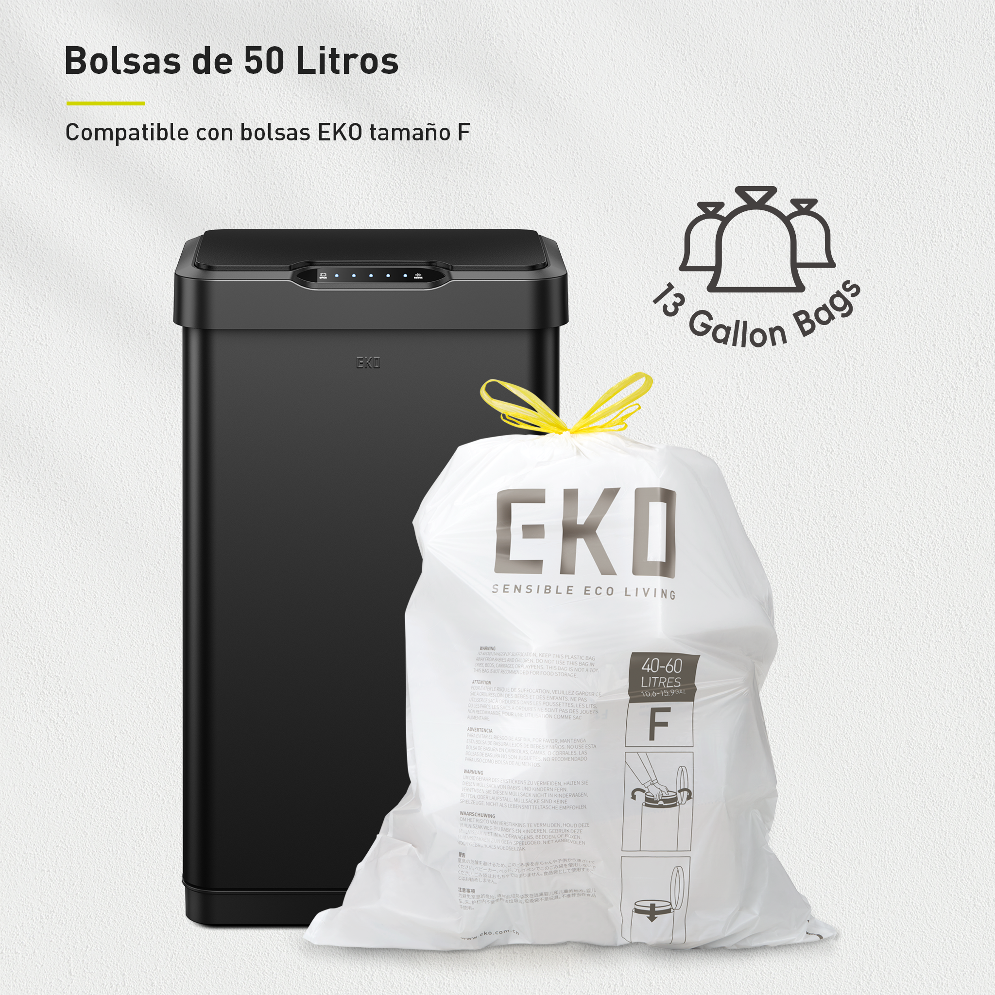Combo Caja con 60 Bolsas + Bote de basura Sensor 50L Negro EKO Mirage