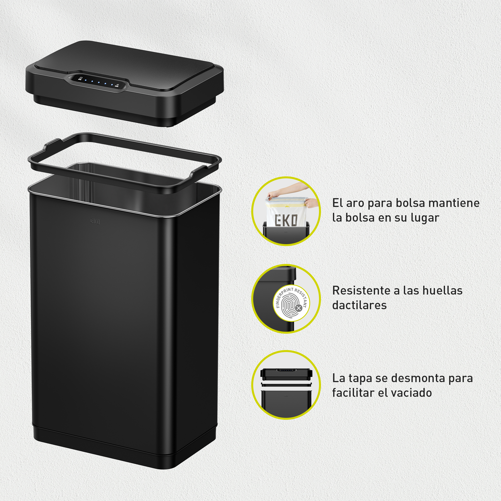 Combo Caja con 60 Bolsas + Bote de basura Sensor 50L Negro EKO Mirage