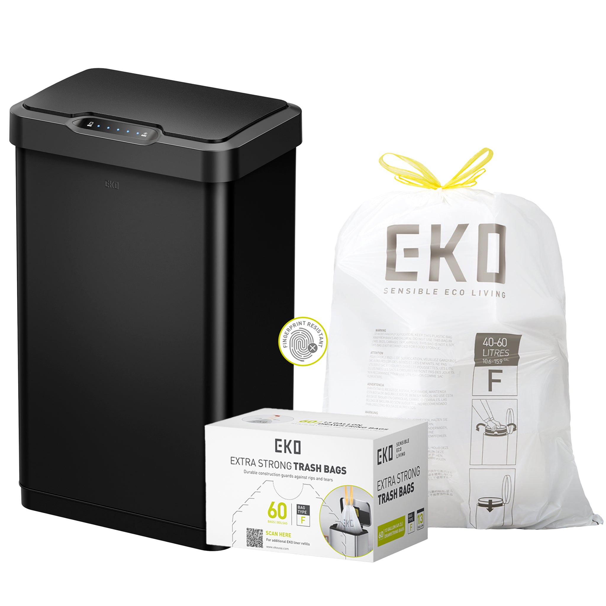 Combo Caja con 60 Bolsas + Bote de basura Sensor 50L Negro EKO Mirage