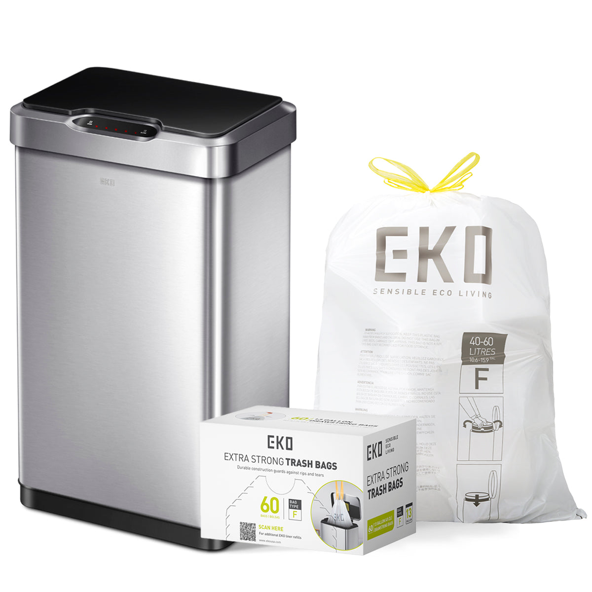 Combo Caja de 60 Bolsas + Bote de basura Inteligente con Sensor Automatico 50L EKO Mirage