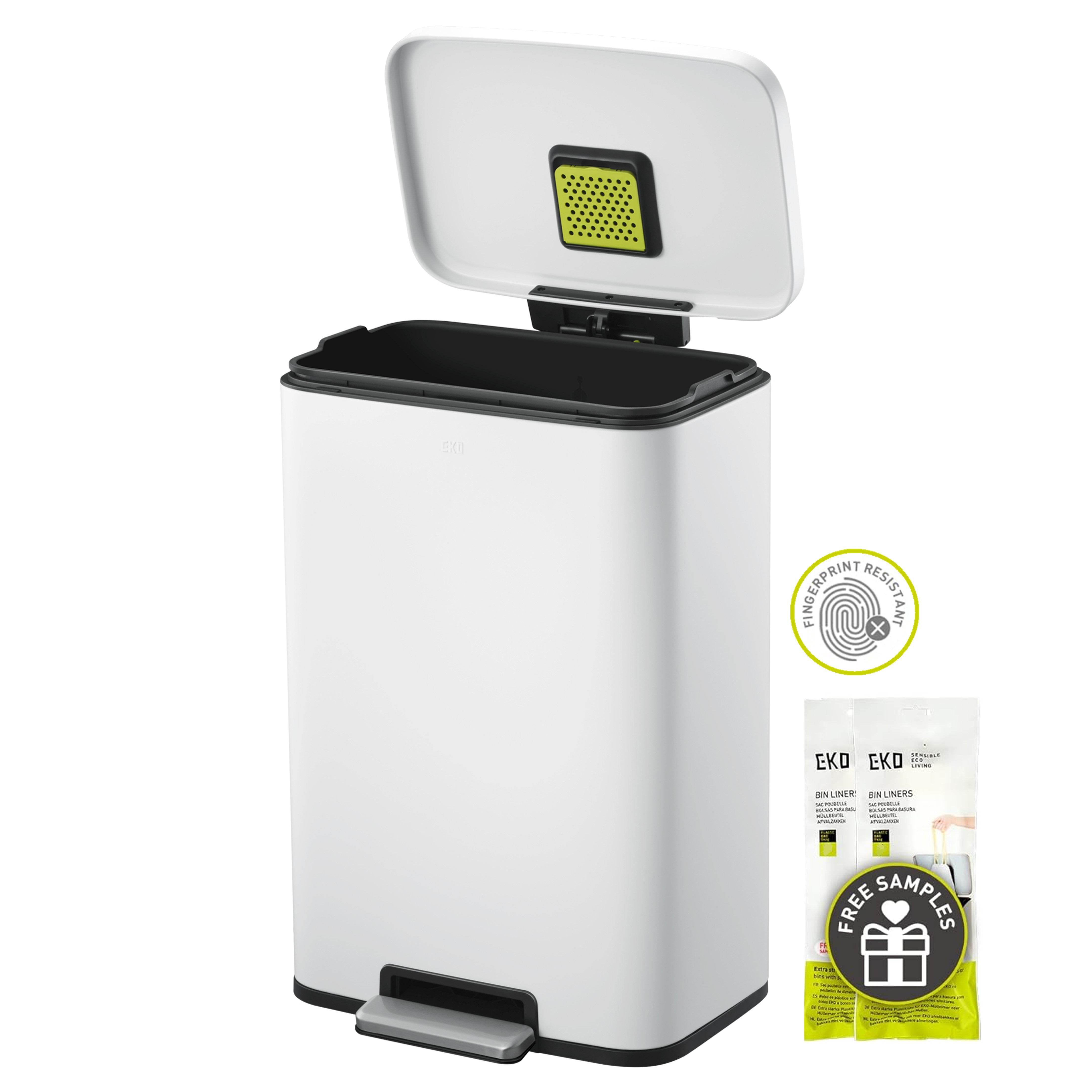 Combo Caja de 60 Bolsas + Bote de basura blanco con tapa 50L EKO Madison