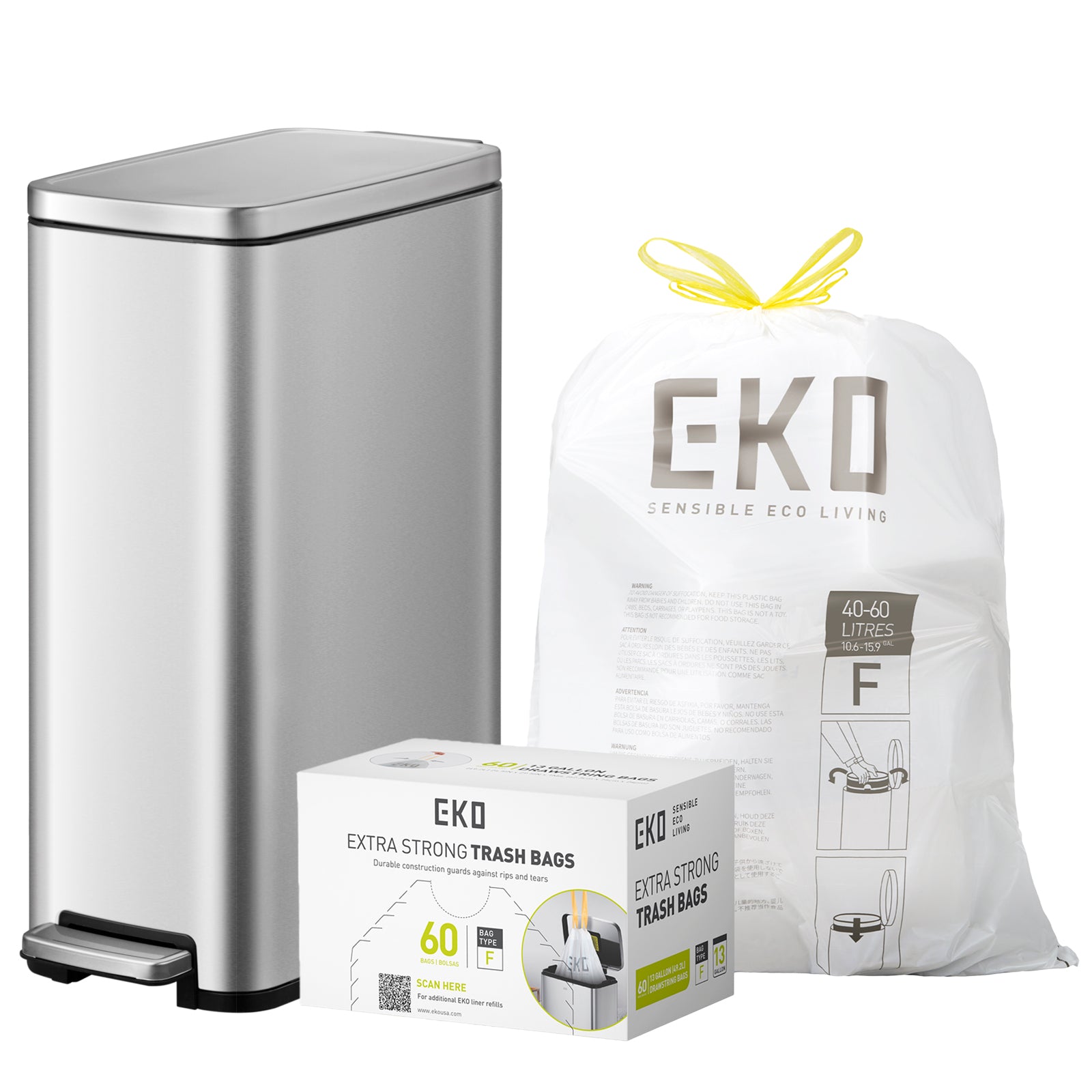Combo Caja de 60 Bolsas + Bote de basura cocina 45L EKO Stella