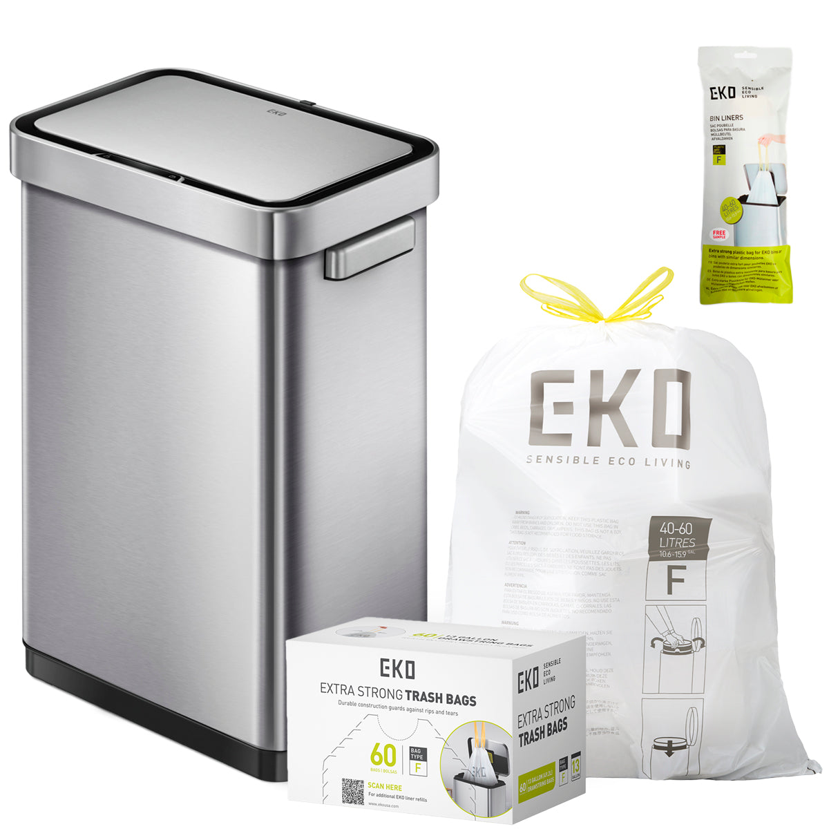 Combo Caja de 60 Bolsas + Bote de basura inteligente con Sensor Automatico 50L tapa acero EKO Mirage Deluxe