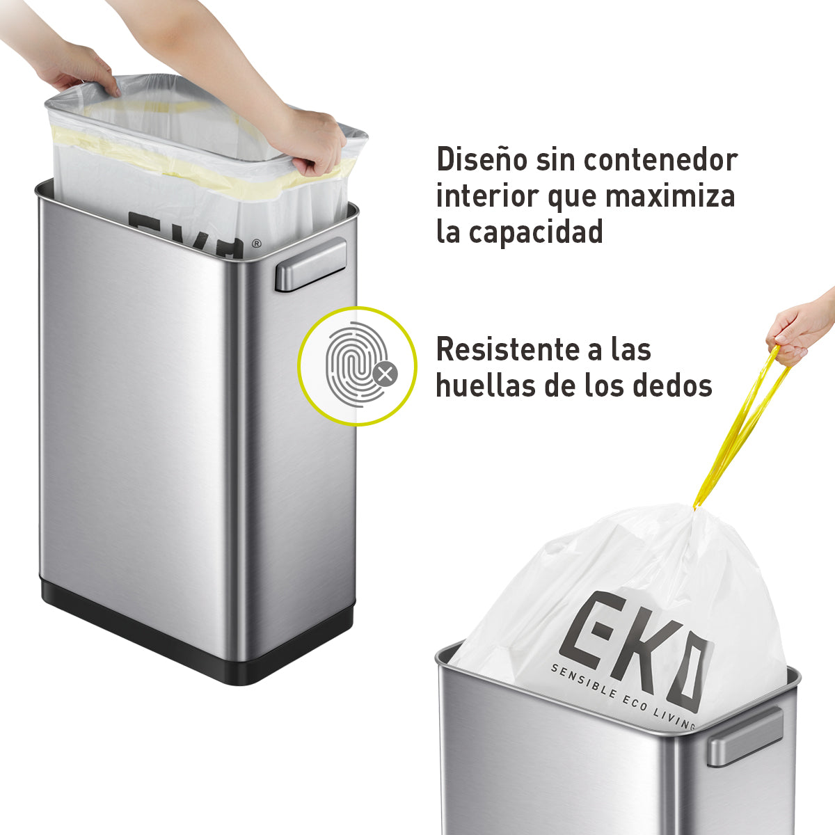 Combo Caja de 60 Bolsas + Bote de basura inteligente con Sensor Automatico 50L tapa acero EKO Mirage Deluxe