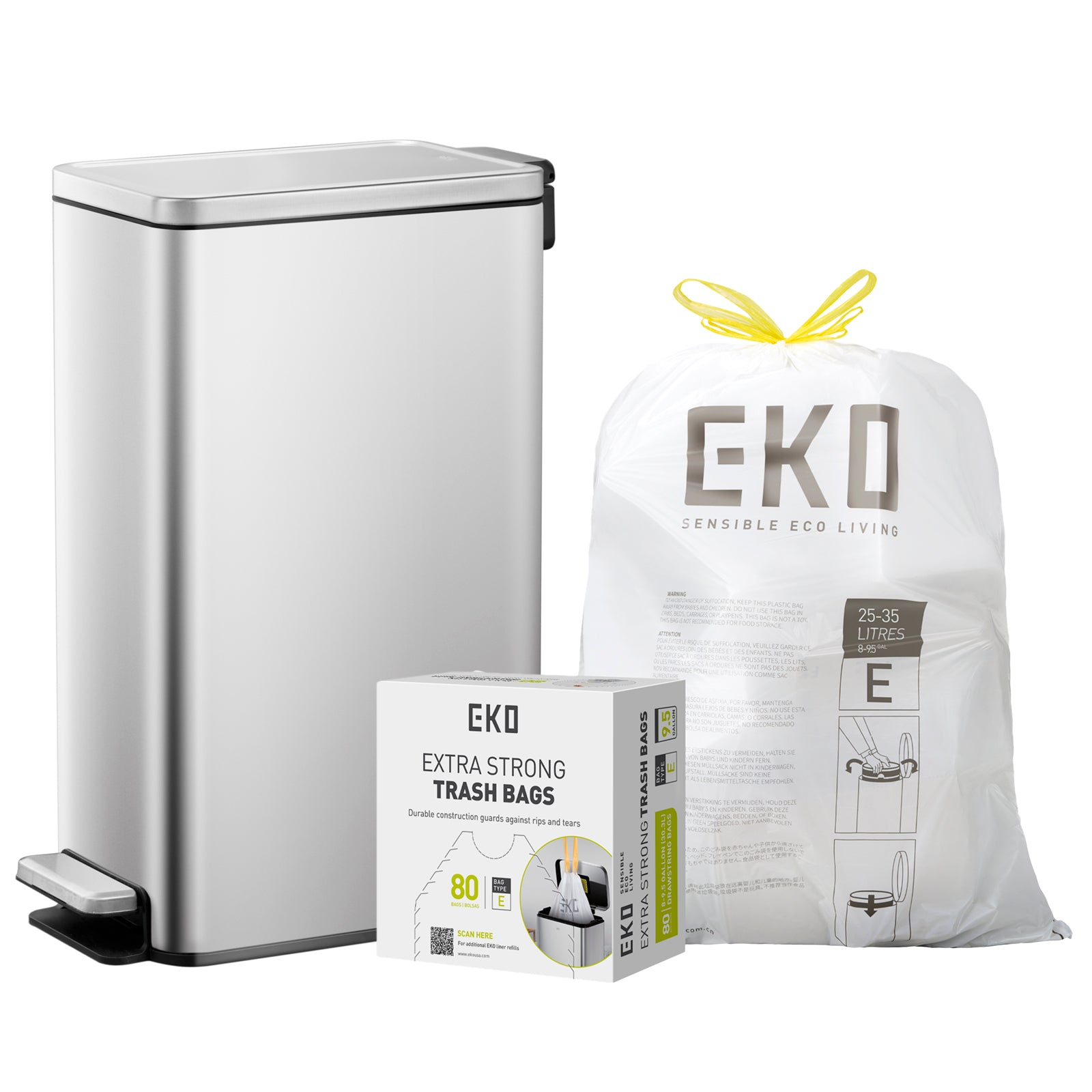 Combo Caja con 80 Bolsas + Bote de basura cocina 30L EKO Stella