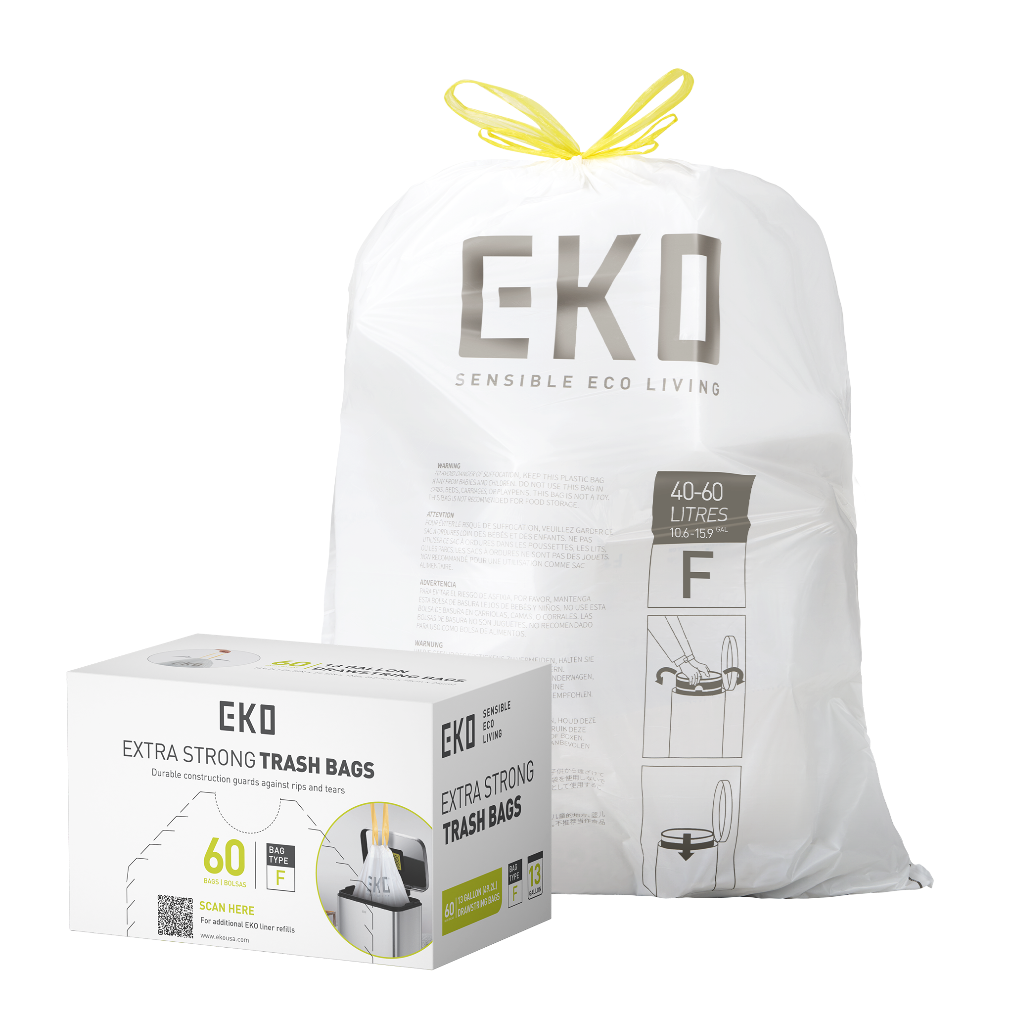 Combo Caja de 60 Bolsas + Bote de basura Sensor Aro Metal 50L EKO Hana