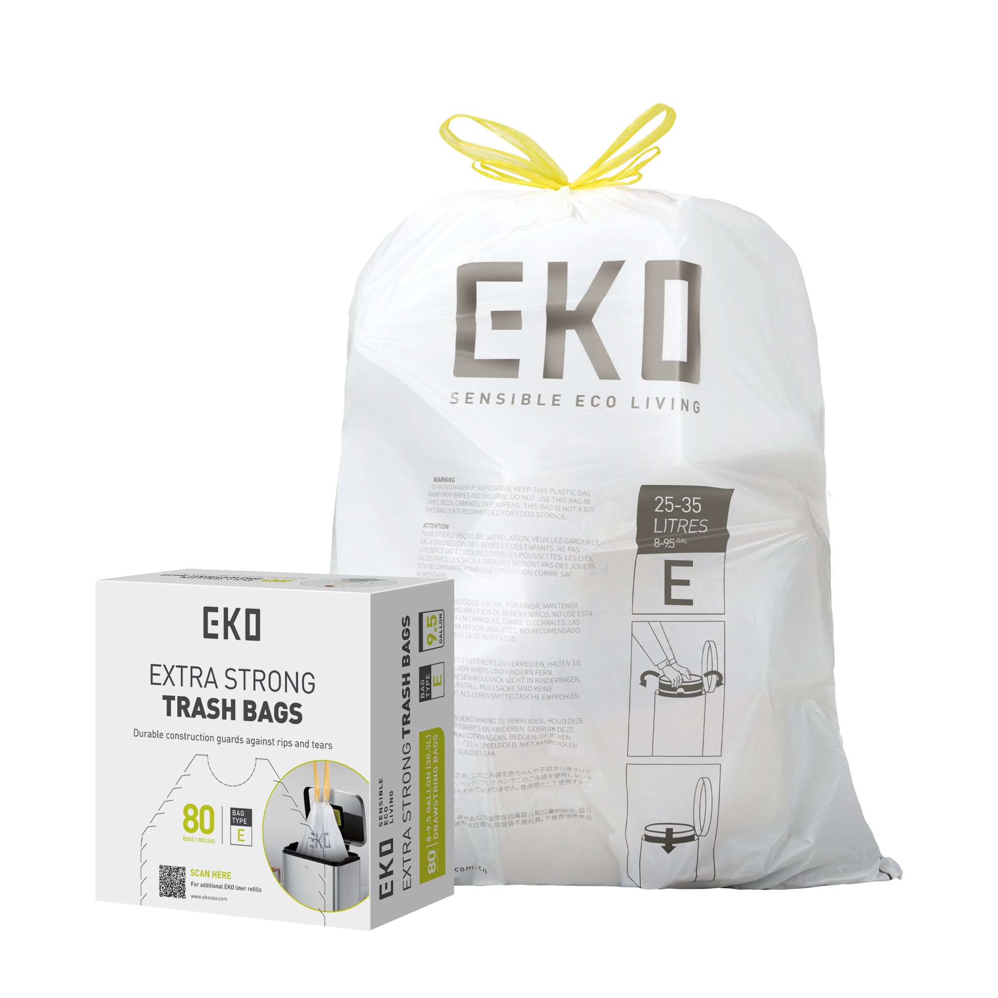 Combo Caja con 80 Bolsas + Bote de basura blanco con tapa 30L EKO Madison