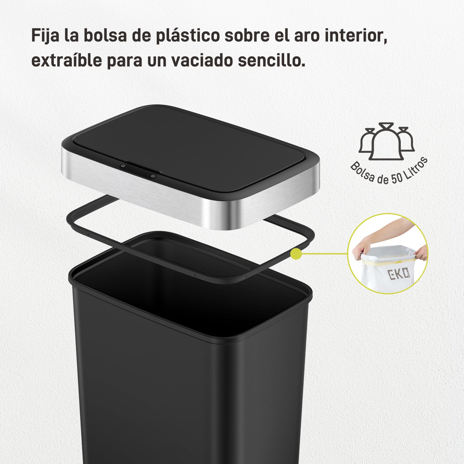 Combo Caja de 60 Bolsas + Bote de basura Sensor Aro Metal 50L EKO Hana