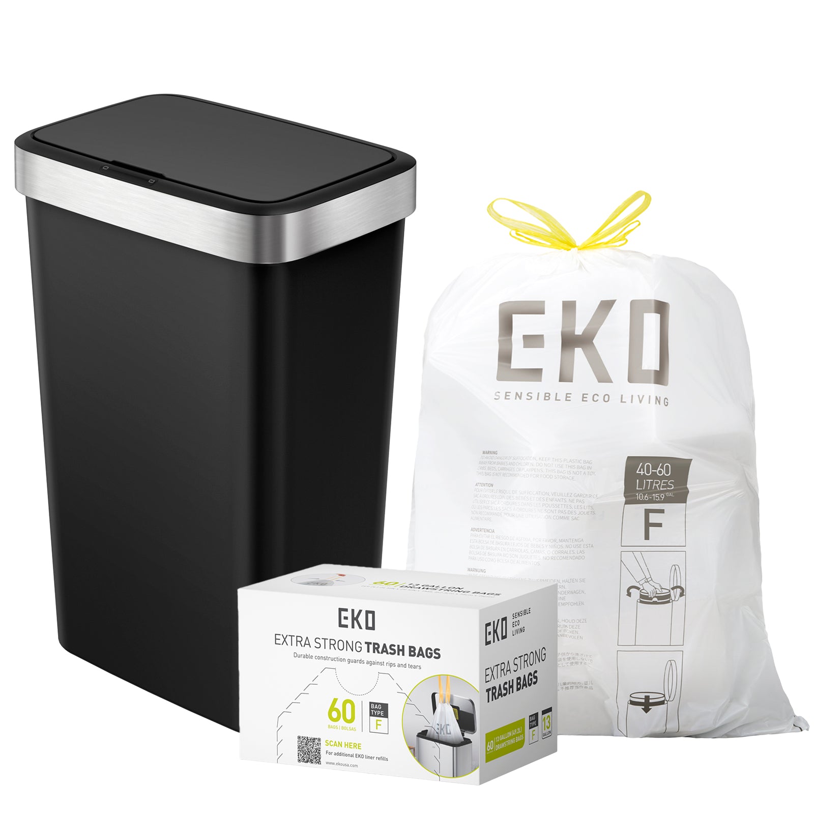Combo Caja de 60 Bolsas + Bote de basura Sensor Aro Metal 50L EKO Hana