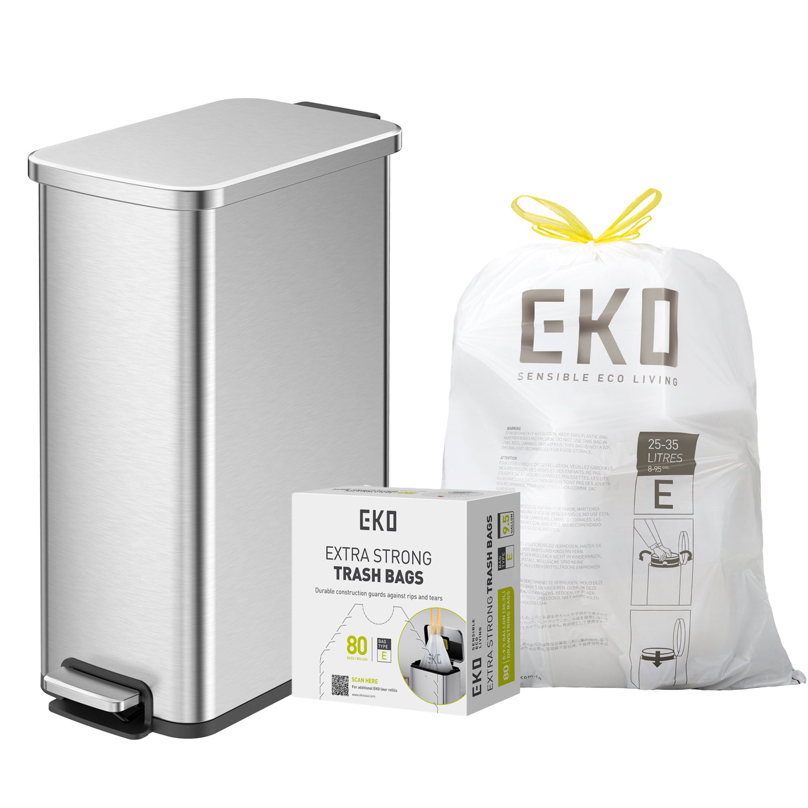 Combo Caja con 80 Bolsas + Bote de basura con pedal 30L EKO Titus