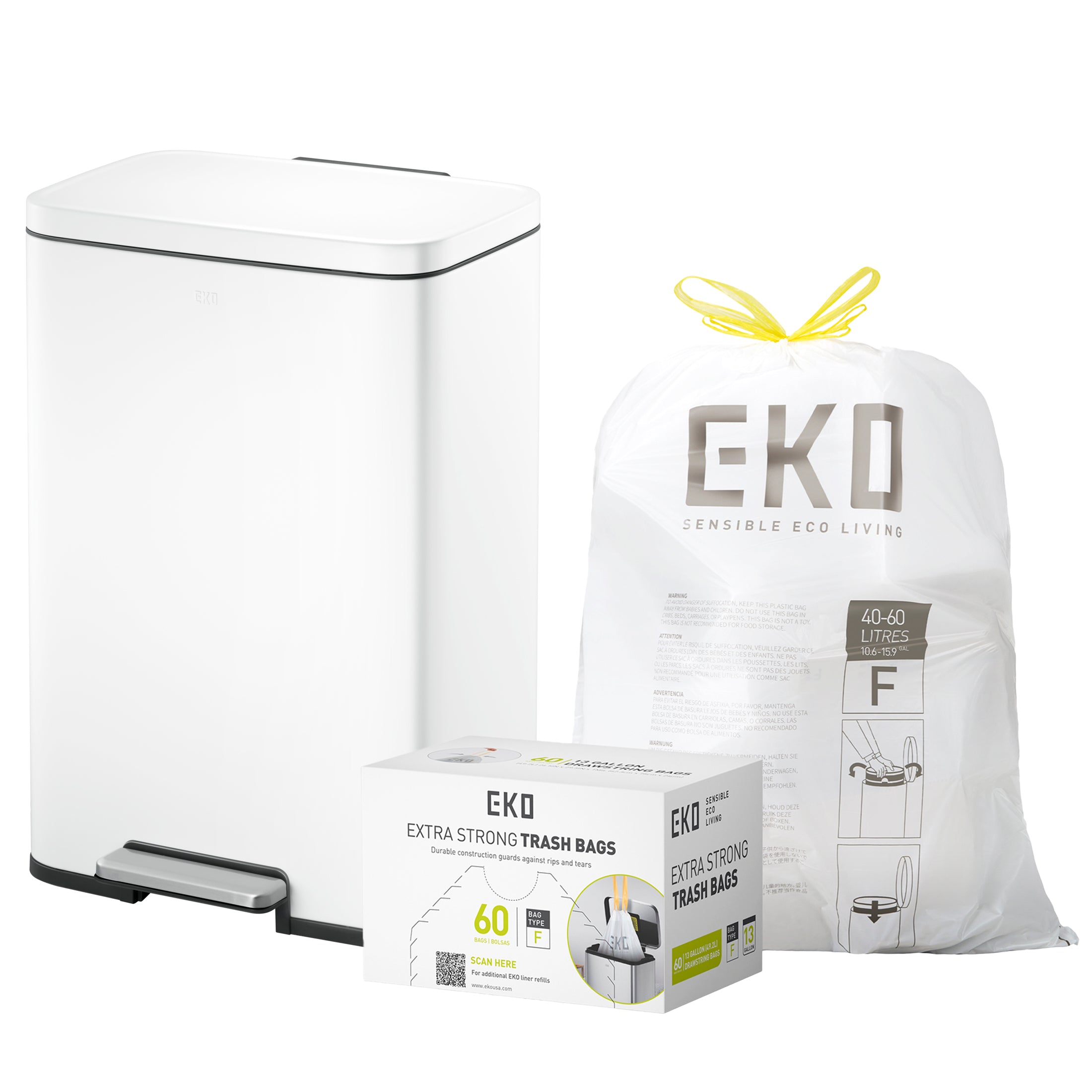 Combo Caja de 60 Bolsas + Bote de basura blanco con tapa 50L EKO Madison