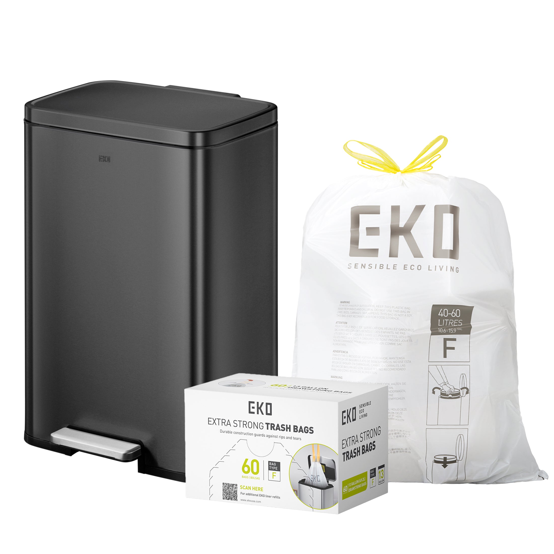 Combo Caja de 60 Bolsas + Bote de basura Negro con pedal 50L EKO Madison