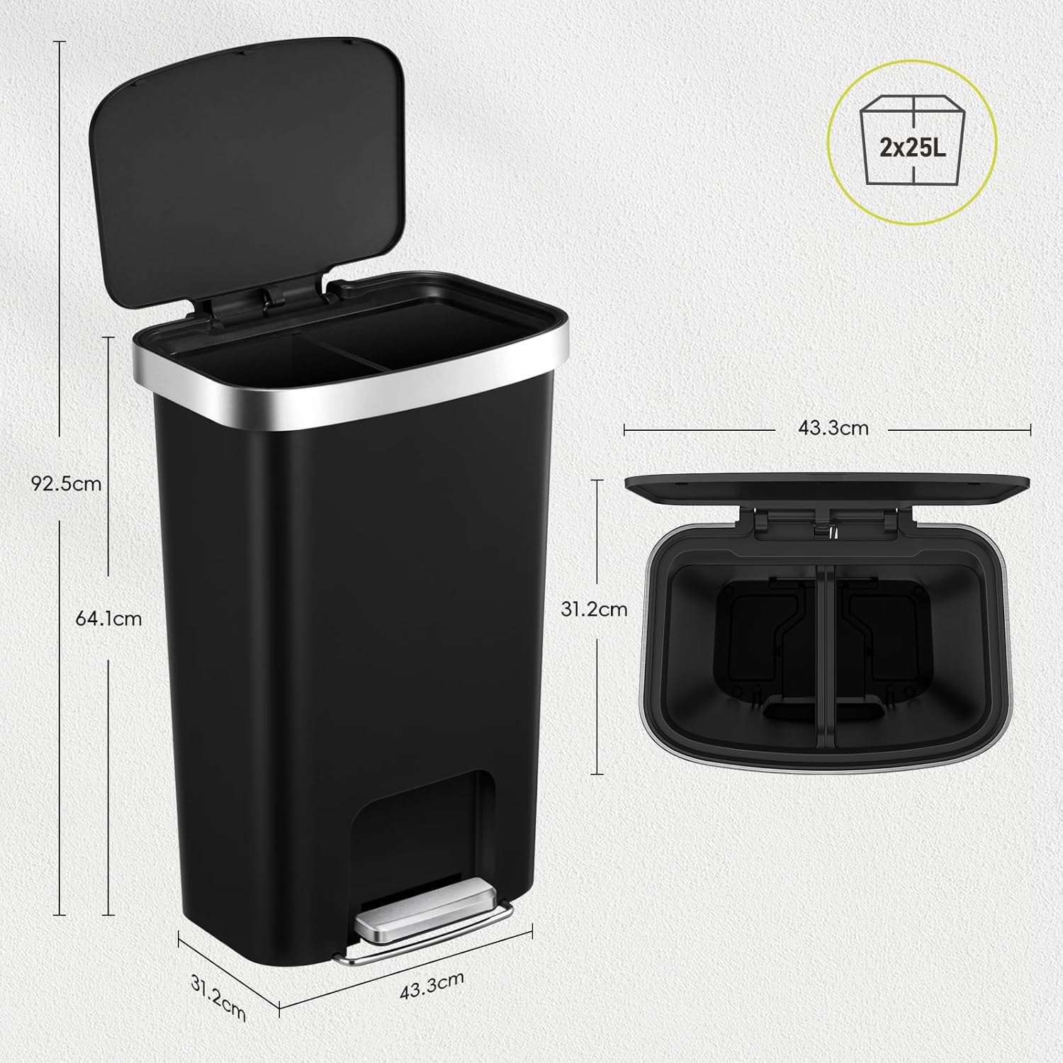 Bote de basura 25L+25L Hana Recycler con ruedas integradas.