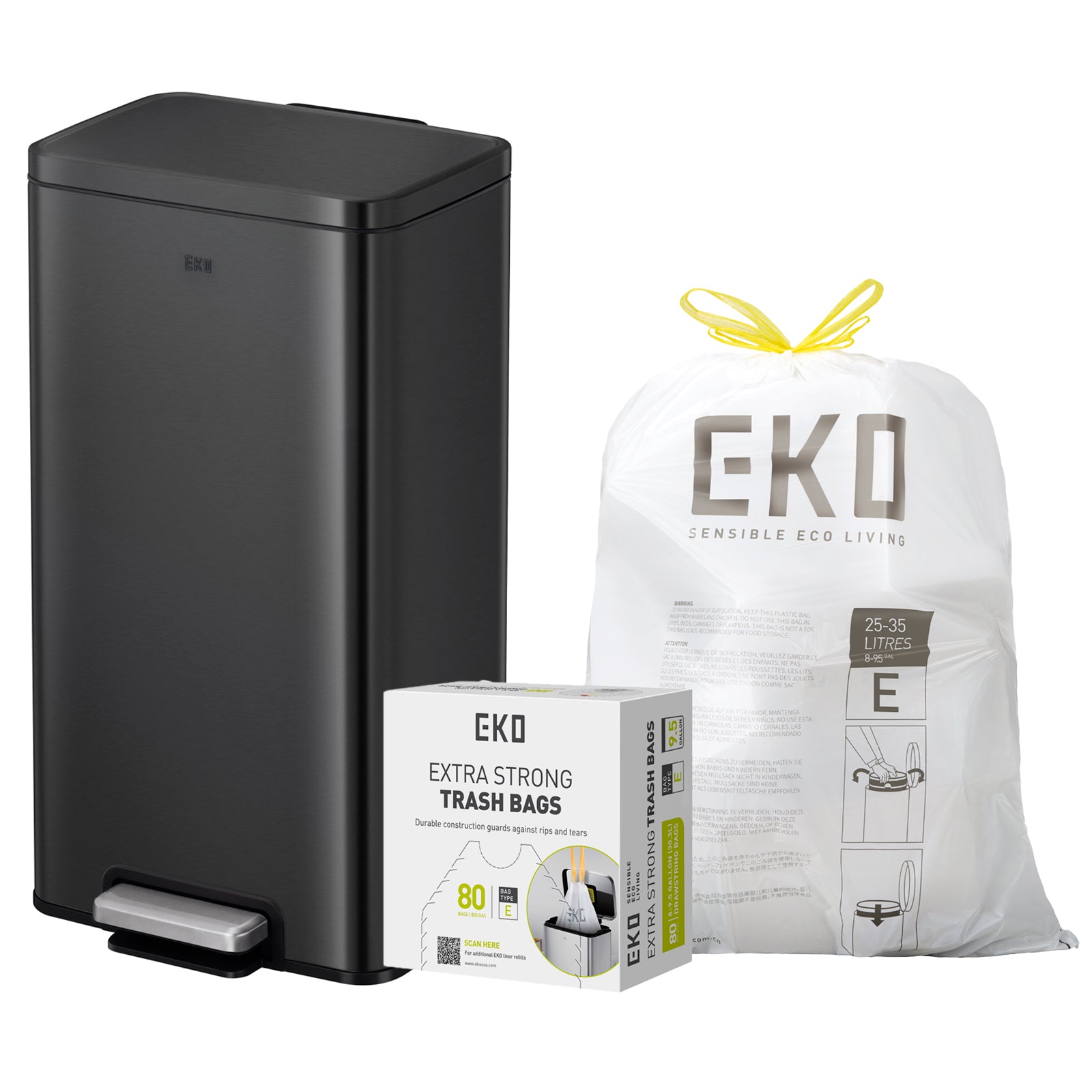 Combo Caja con 80 Bolsas + Bote de basura Negro con pedal 30L EKO Madison
