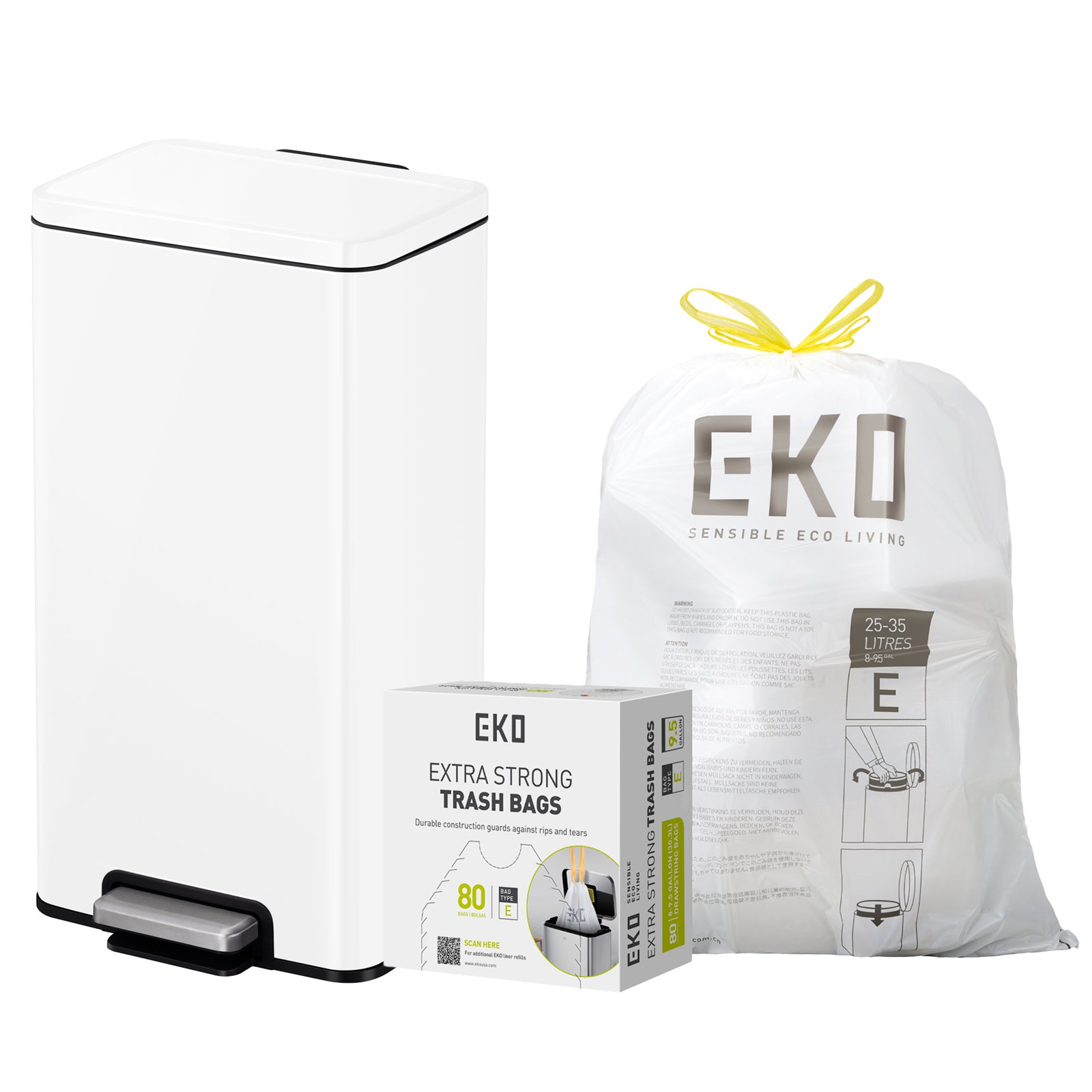 Combo Caja con 80 Bolsas + Bote de basura blanco con tapa 30L EKO Madison