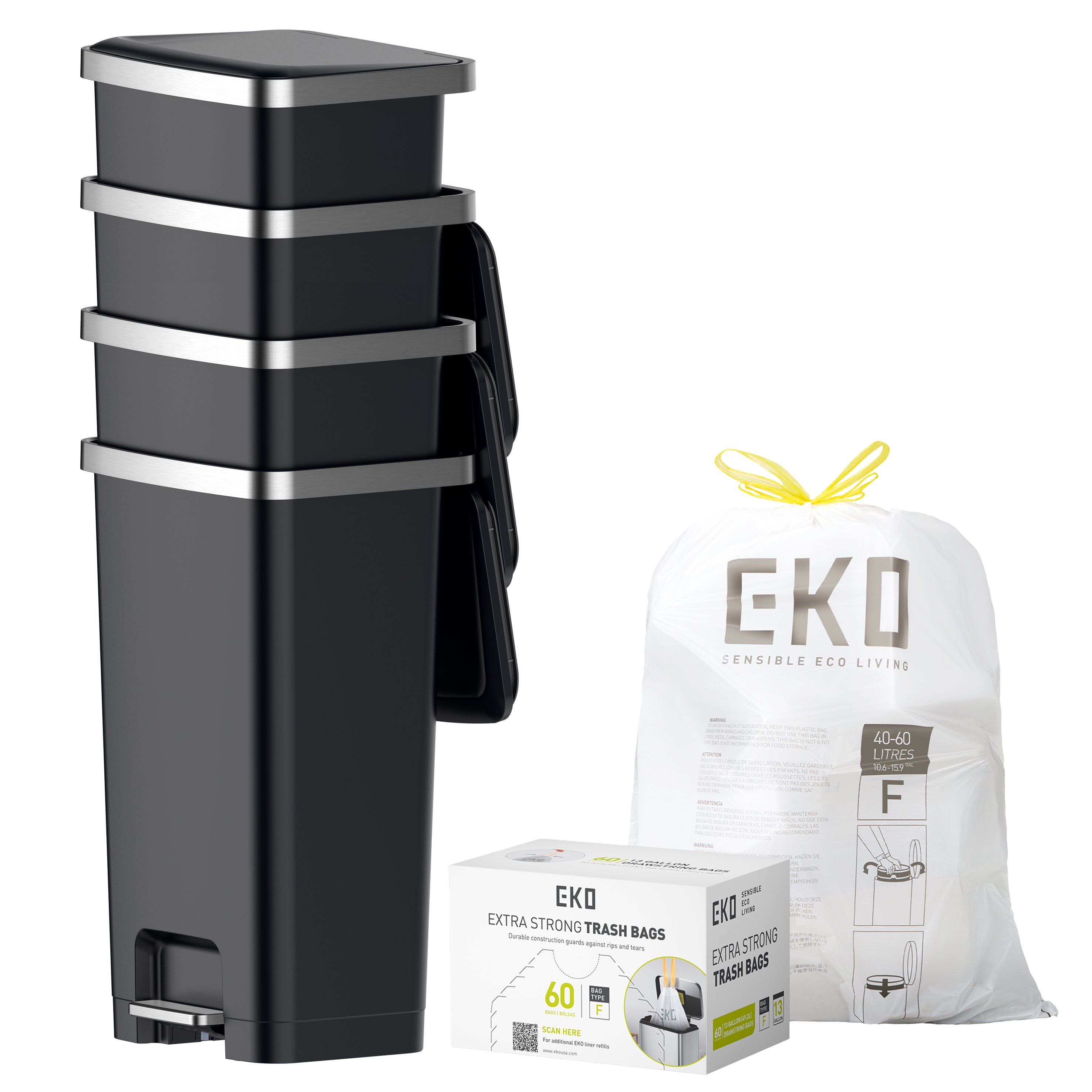 Combo Caja con 60 Bolsas + Bote de basura Pedal 45L EKO Hana 4 Piezas