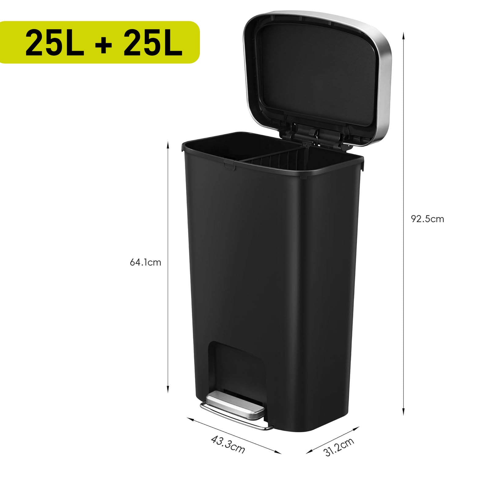 EKO - Hana - Bote de Basura para Reciclaje con Pedal 25 L + 25 L Negro